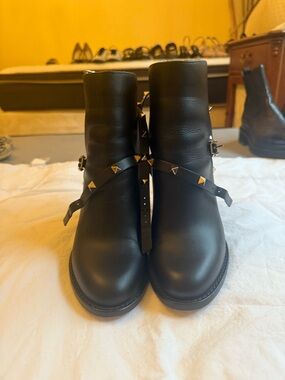 Valentino Black Leather Ankle Boots with Gold Pyramid Studs